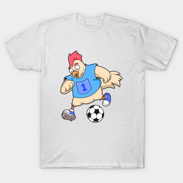 Cartoon chicken playing soccer T-Shirt by Modern Medieval Design